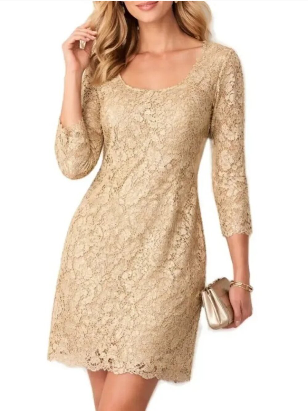White House Black Market Dress Womens 10 Champagne Gold Lace Sheath Cocktail New